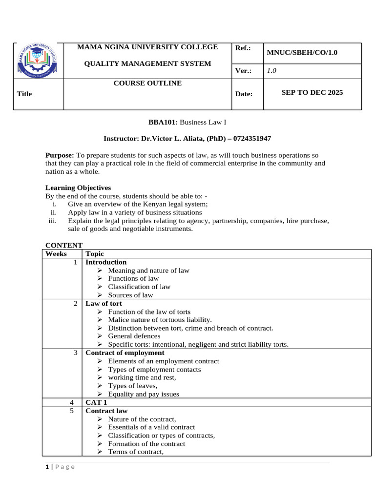 BBA101 Business Law I Course Outline | PDF | Tort | Negotiable Instrument