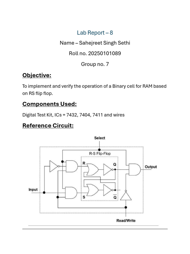 Binary Cell RAM Implementation Lab Report | PDF