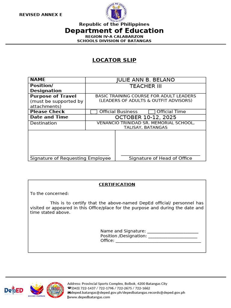 Locator Slip for DepEd Training Course | PDF | Government | Philippines