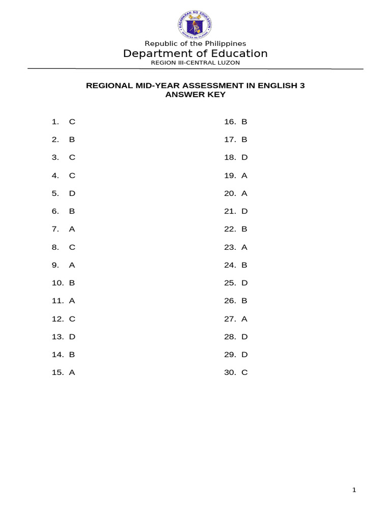 English 3 Mid-Year Assessment Answer Key | PDF