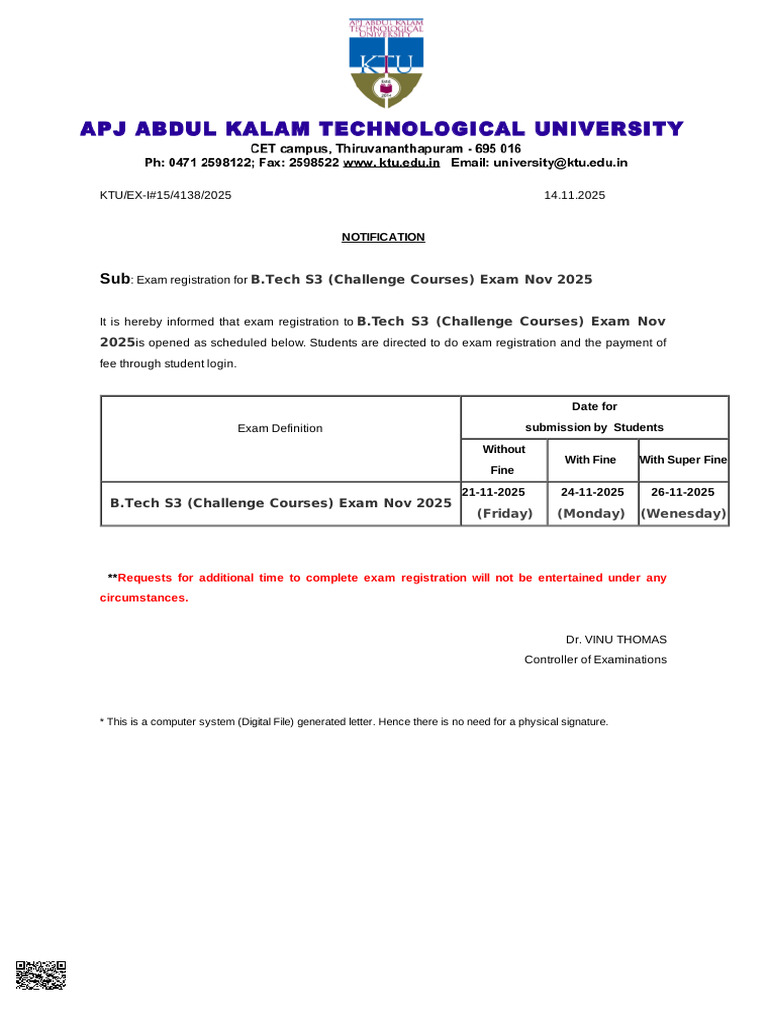 B.Tech S3 Exam Registration Nov 2025 | PDF
