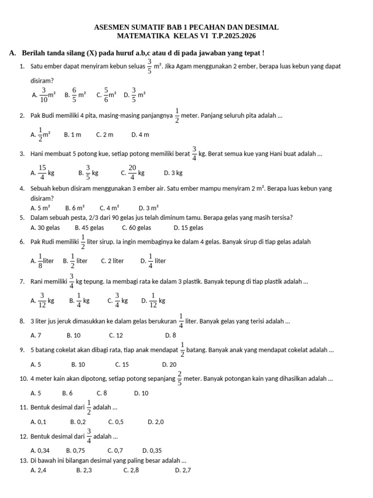 Soal Matematika Pecahan dan Desimal Kelas VI | PDF