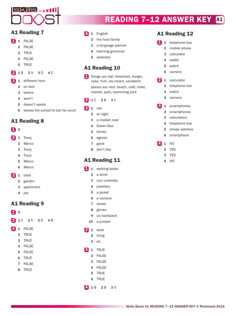 Big Picture SB - A1 - 7 - 12 - Read - Answer - Key | PDF