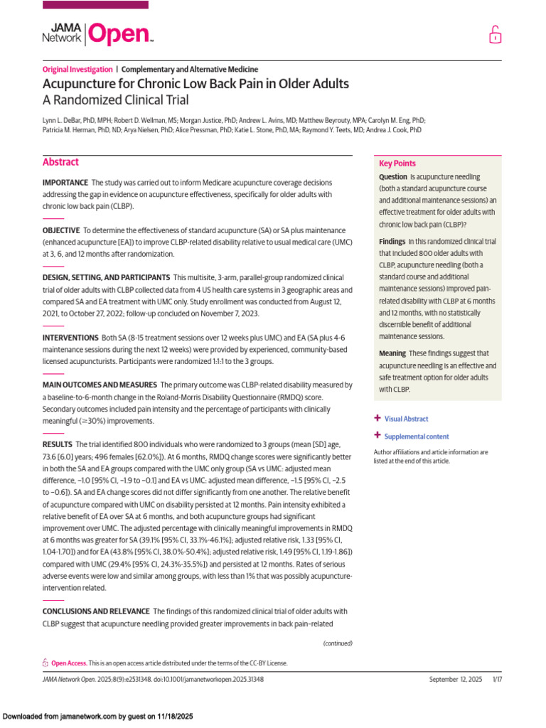 Acupuncture for Chronic Low Back Pain | PDF | Acupuncture | Low Back Pain