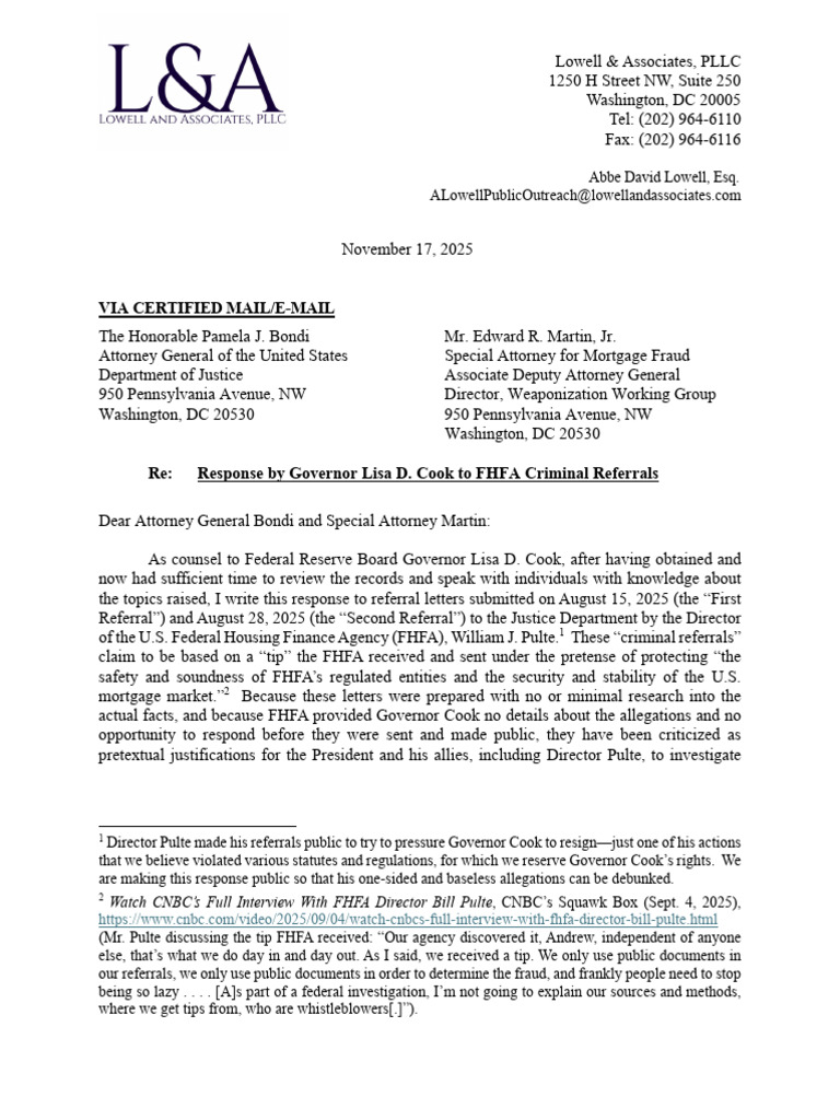 2025.11.17 L. Cook Response To FHFA Referral and Exs. | PDF | Fannie ...