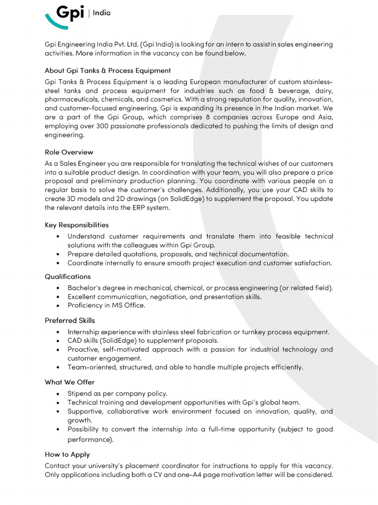 Sales Engineering Intern - Job Description | PDF