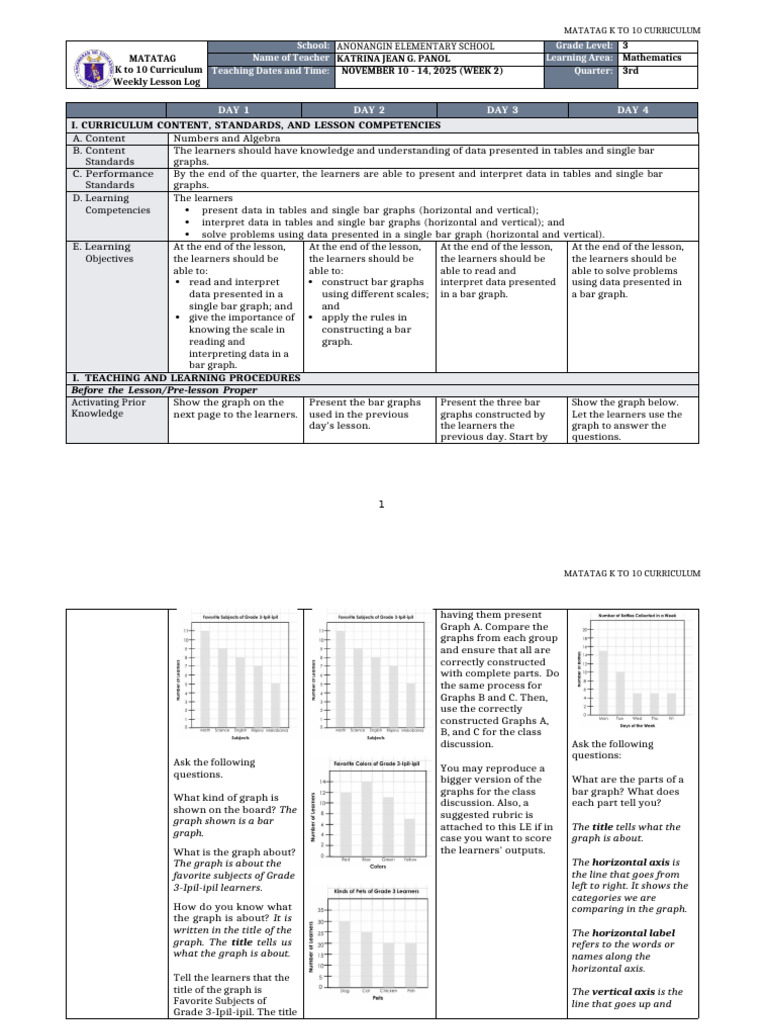 Grade 3 Mathematics Weekly Lesson Plan | PDF | Learning | Curriculum