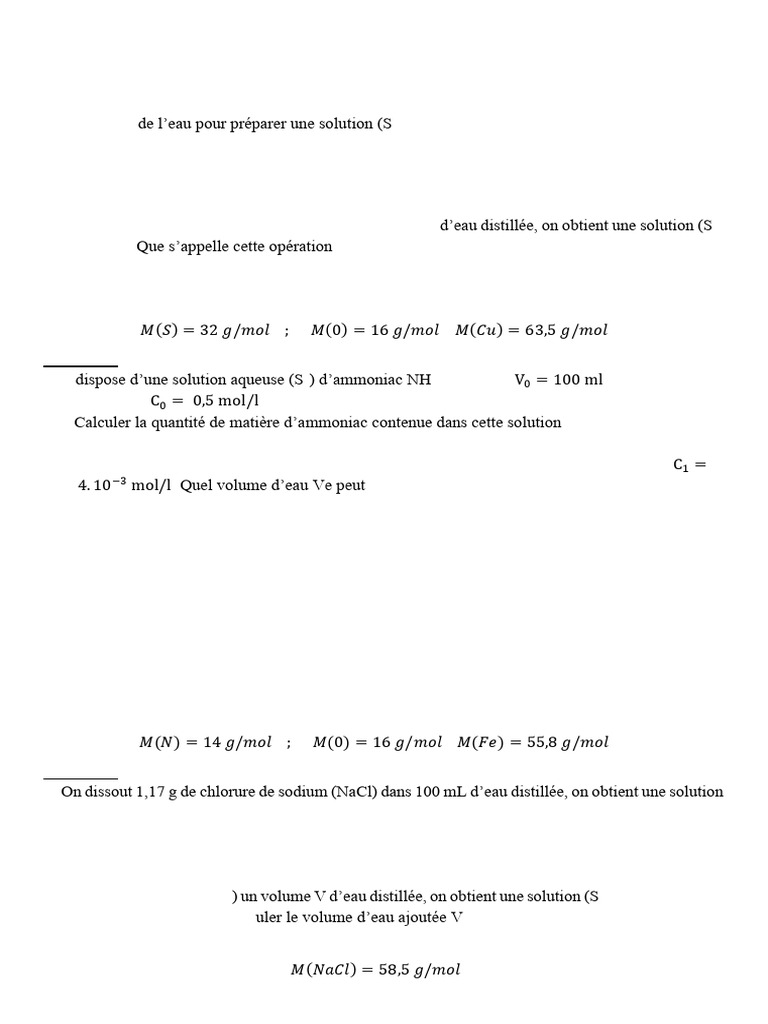 Calculs de solutions et dilutions chimiques | PDF