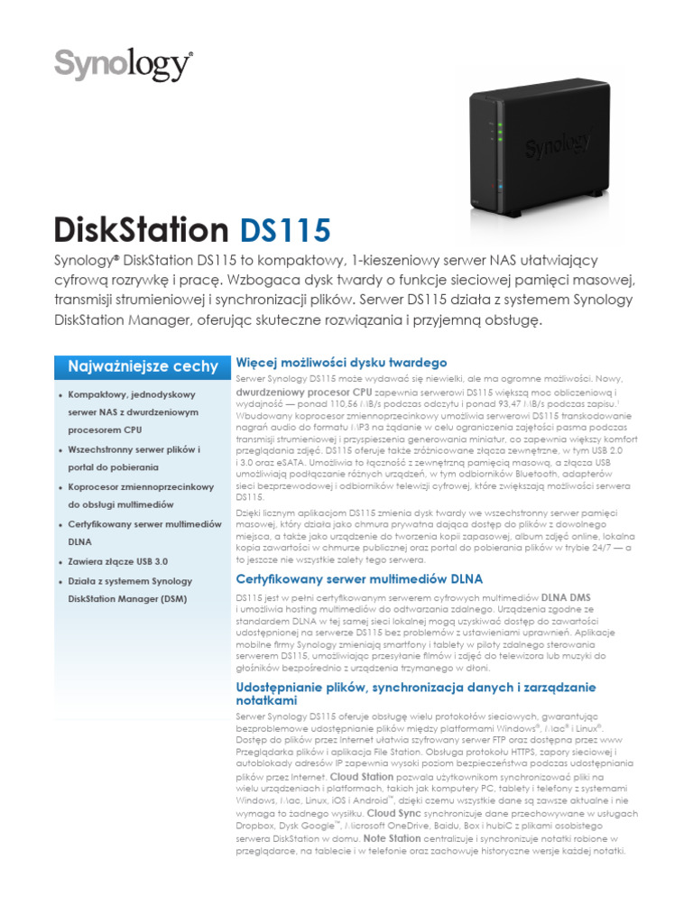 Synology DS115 Data Sheet PLK | PDF