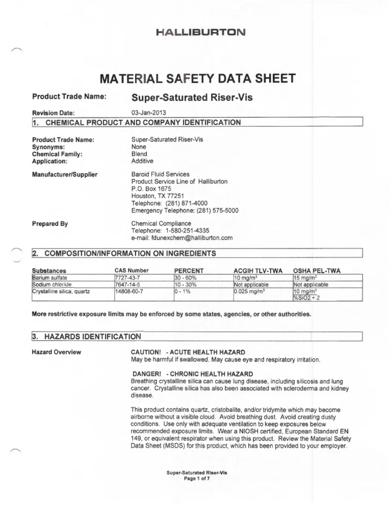 Halliburton Super-Saturated Riser-Vis MSDS | PDF | Toxicity | Silicon ...