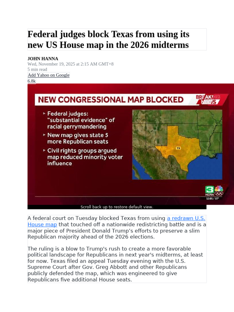 Federal Judges Block Texas From Using Its New US House Map in The 2026 ...