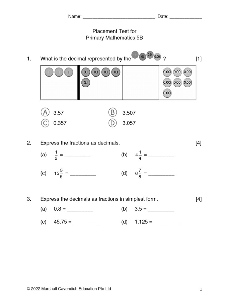 Primary Math 5B Placement Test | PDF | Area | Geometry