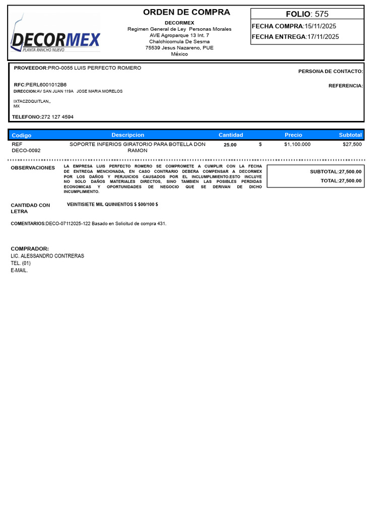 Orden de Compra DECORMEX 2025 | PDF
