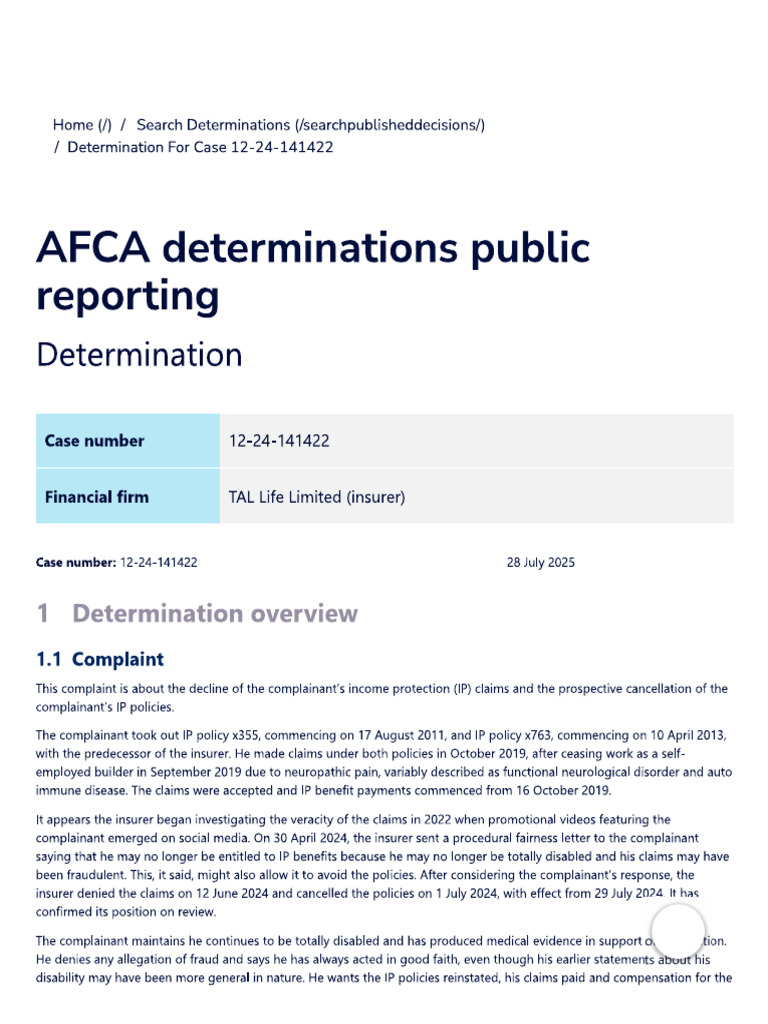 AFCA Determination Report - TAL Life LTD - Insurance Investigation ...