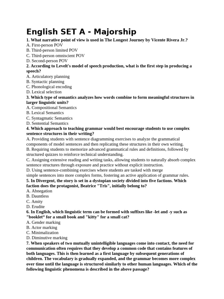 English SET A: Majorship Exam Questions | PDF | Learning | Semantics