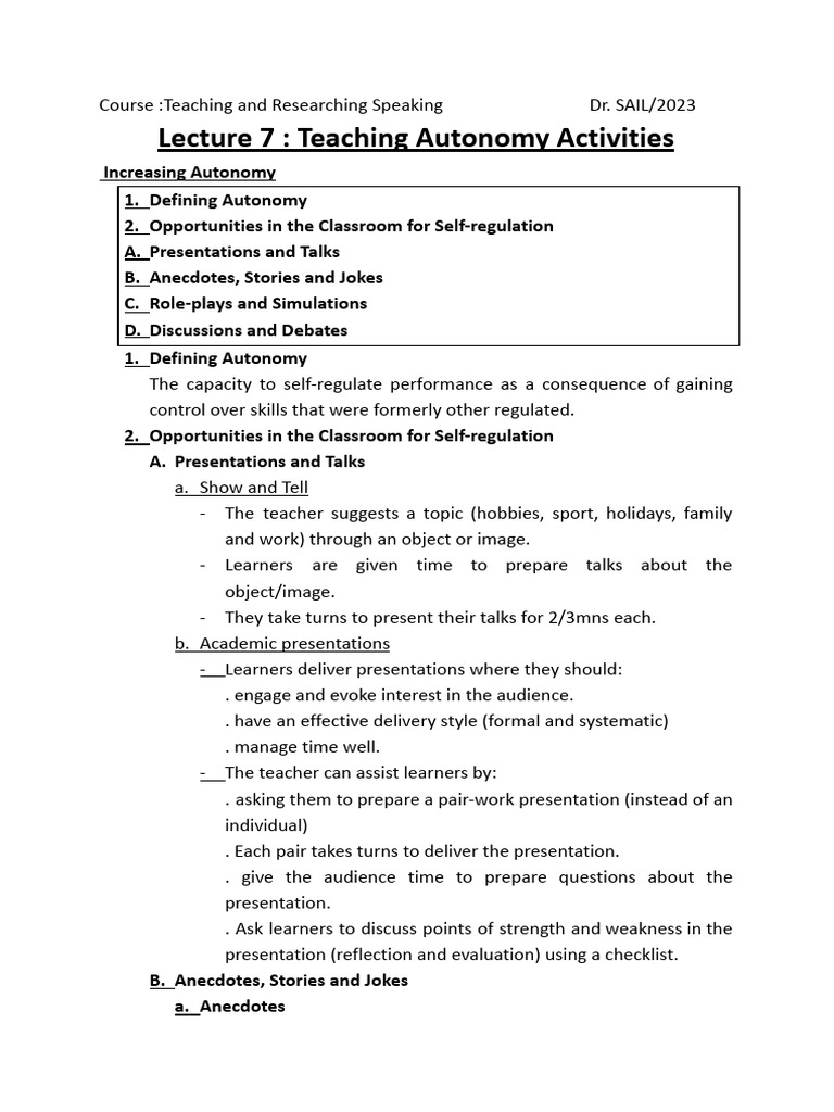 Teaching Autonomy in Speaking Skills | PDF | Lecture | Teachers