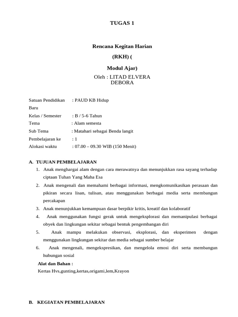 RKH Pembelajaran Alam Semesta PAUD | PDF