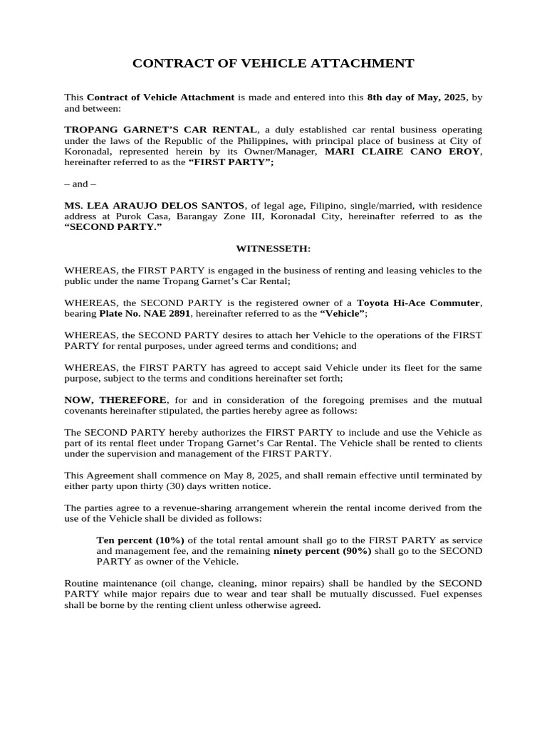 Contract of Vehicle Attachment (Delos Santos) | PDF | Insurance | Civil ...