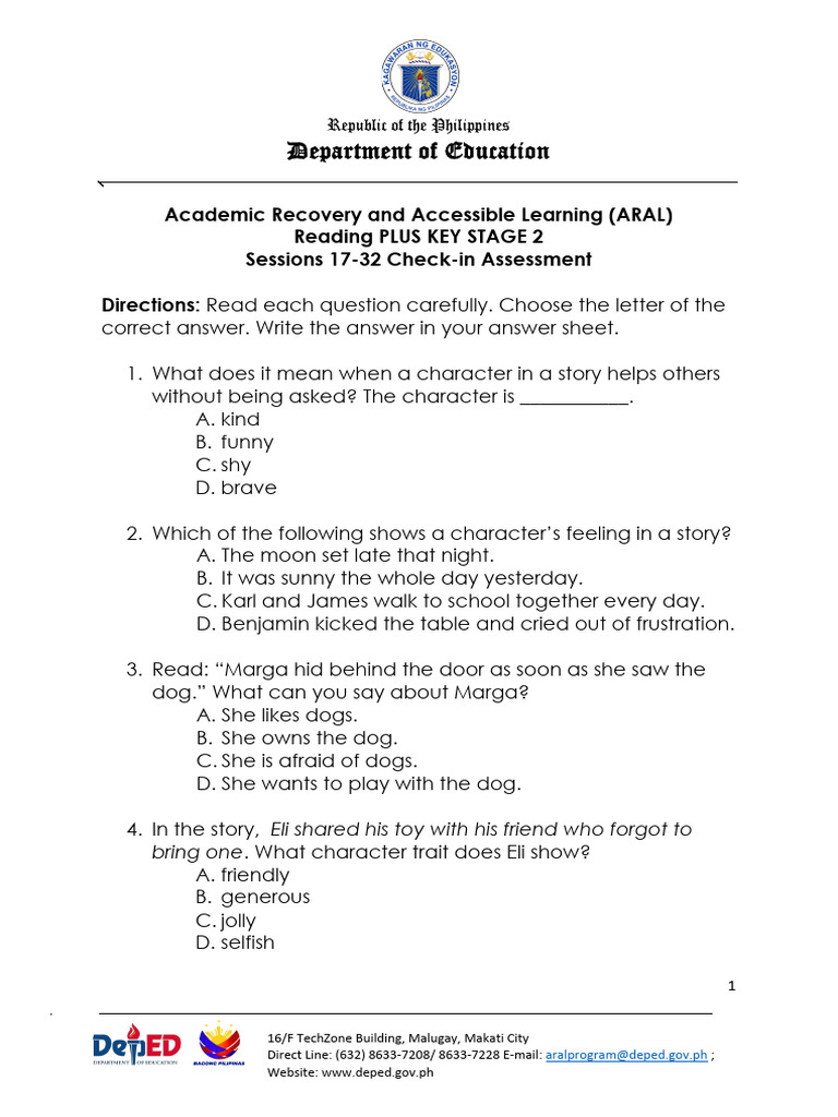 (FINAL) ARAL-Reading Plus KS 2 Check-In Assessment - Sessions 17-32 ...