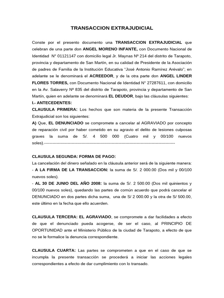 Transacción Extrajudicial en Tarapoto | PDF