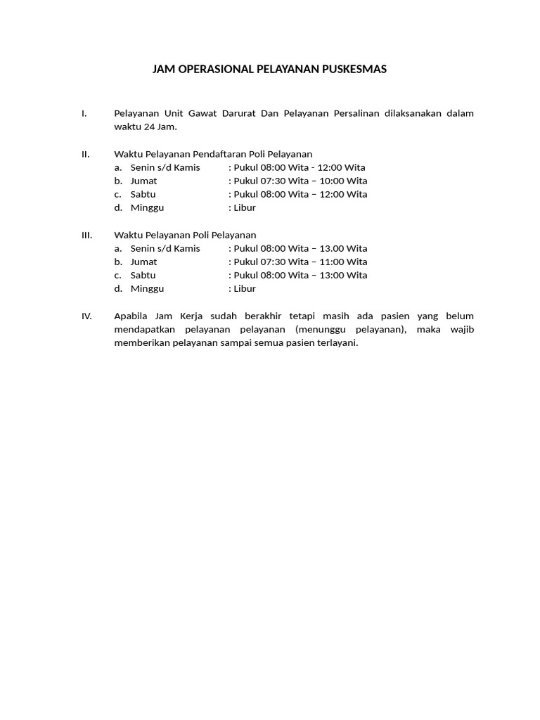 Jam Operasional Puskesmas 24 Jam | PDF