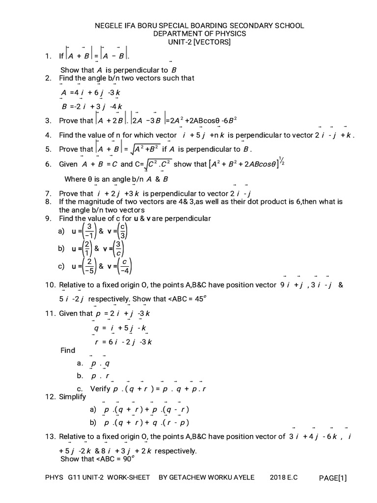 Physics Unit-2 Work Sheet-2018 | PDF | Euclidean Vector | Chess Theory