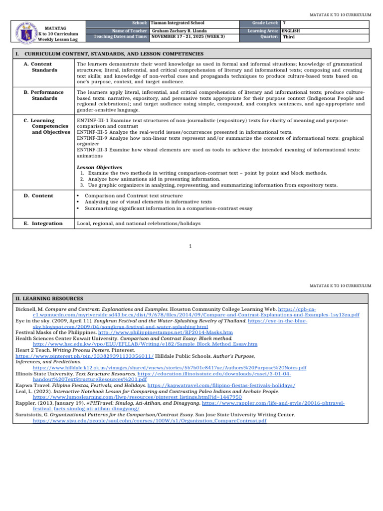 K-10 English Weekly Lesson Plan | PDF | Human Communication