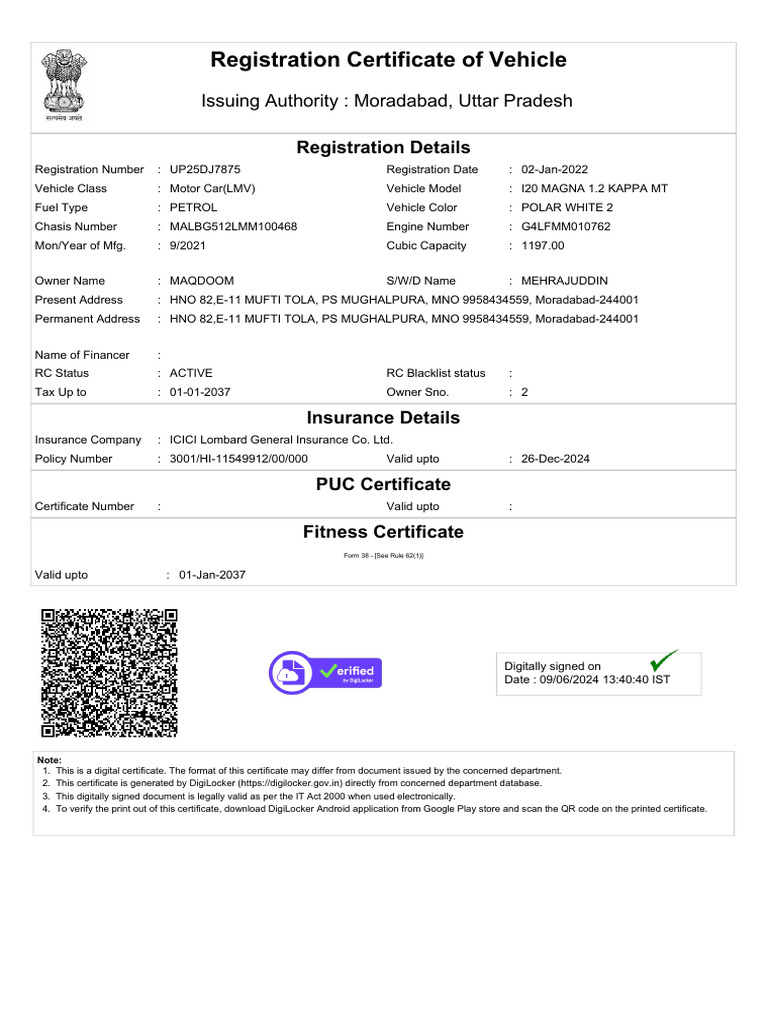Vehicle Registration Certificate UP25DJ7875 | PDF | Transport | Vehicles