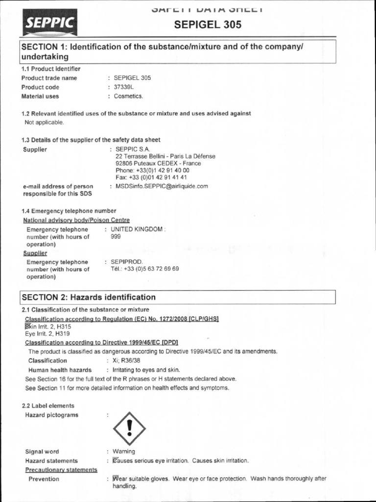 SEPIGEL 305 Safety Data Sheet | PDF | Waste | Pollution