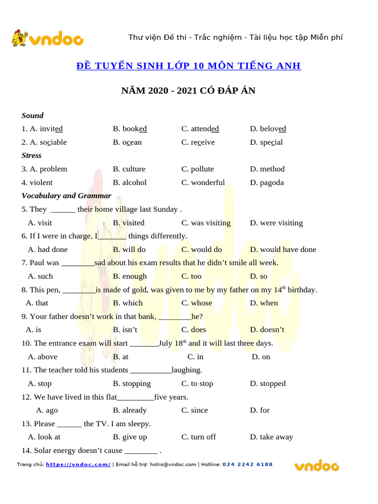 De On Thi Vao Lop 10 Mon Tieng Anh Nam 2020 2021 So 22 | PDF