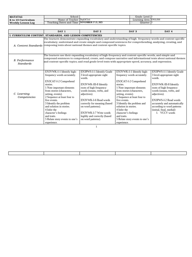 Grade 3 English Weekly Lesson Plan | PDF | Word | Sentence (Linguistics)