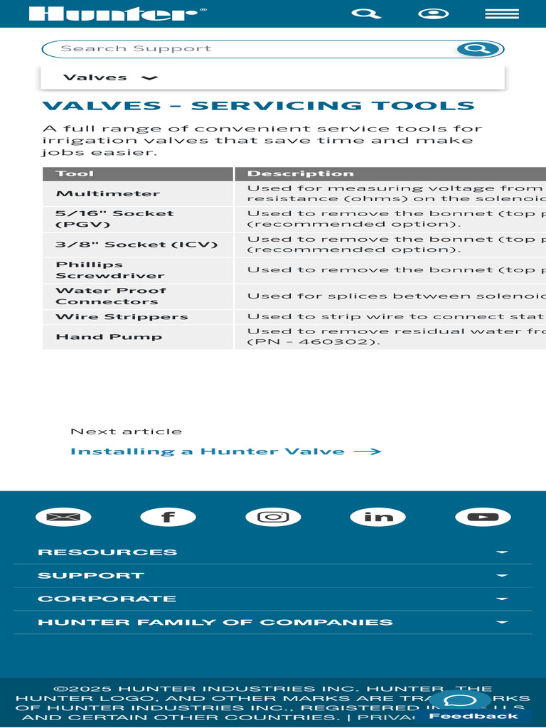 Valves - Servicing Tools | Hunter Industries | PDF