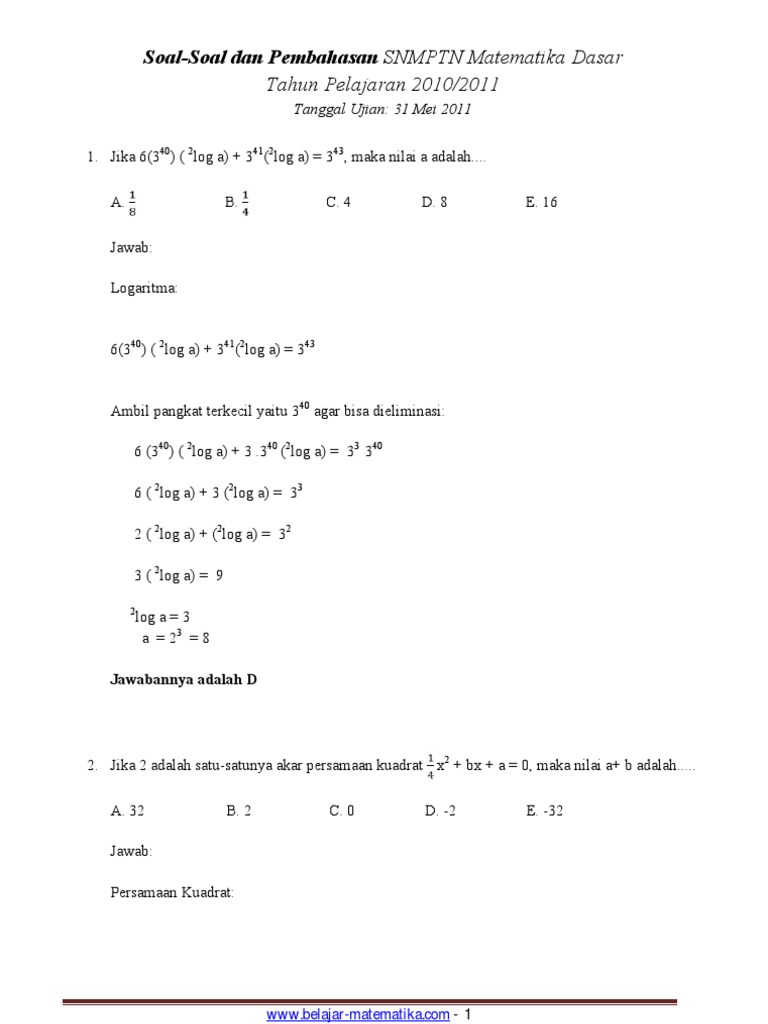 Soal Dan Pembahasan SNMPTN Matematika Dasar 2011