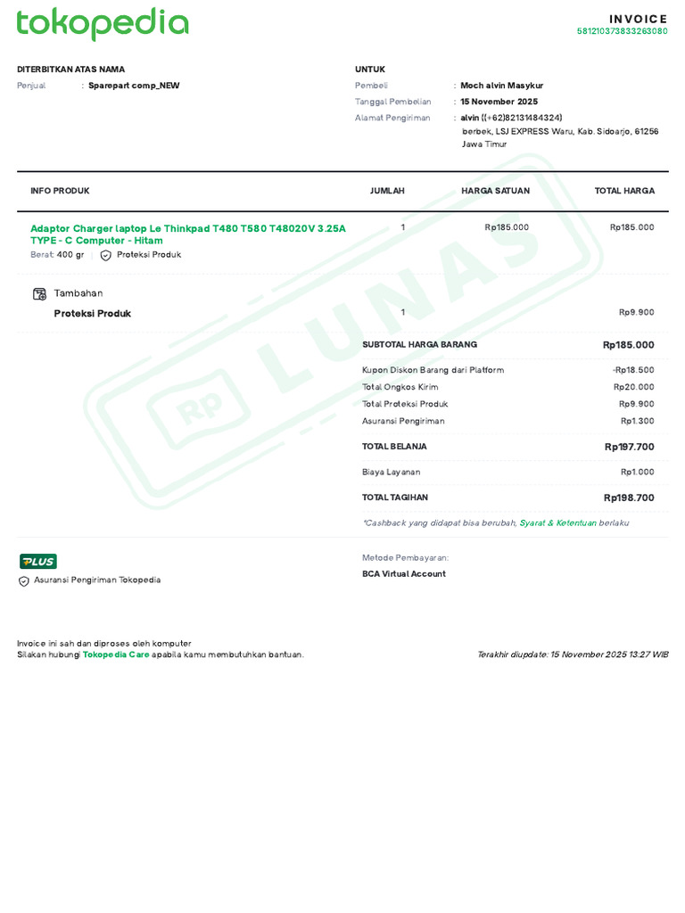 Invoice Pembelian Adaptor Charger Laptop | PDF