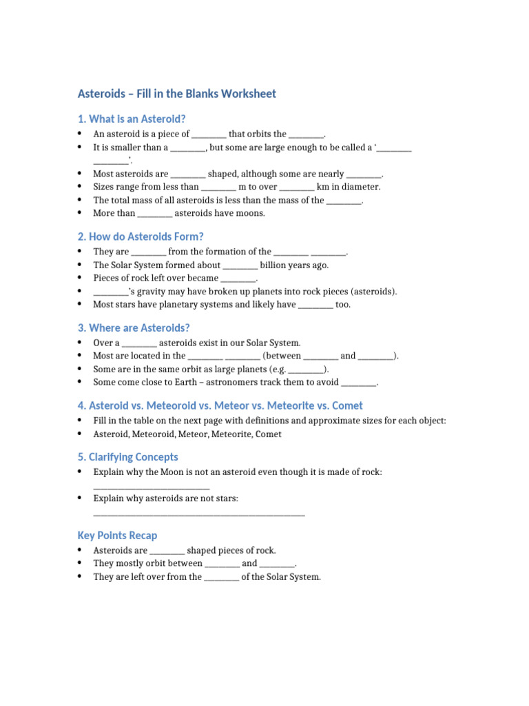 Asteroids Fill-in-the-Blanks Worksheet | PDF | Asteroid | Meteoroid