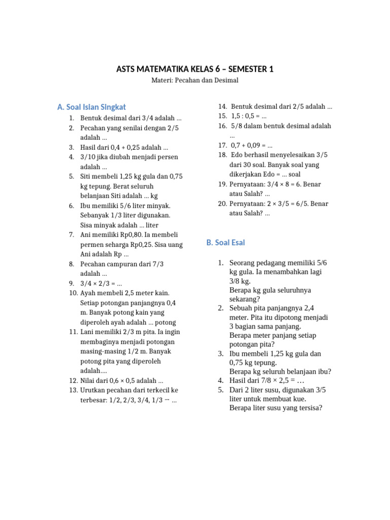 Soal Pecahan dan Desimal Kelas 6 | PDF