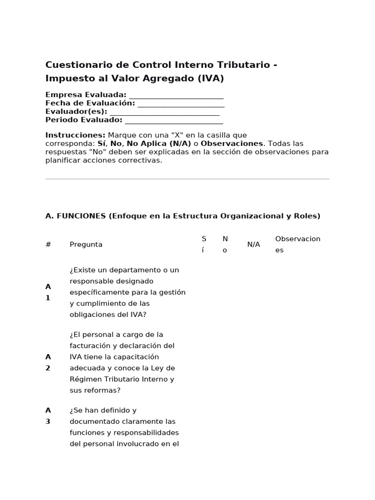 Cuestionario de Control Interno IVA | PDF | Impuesto al valor agregado ...