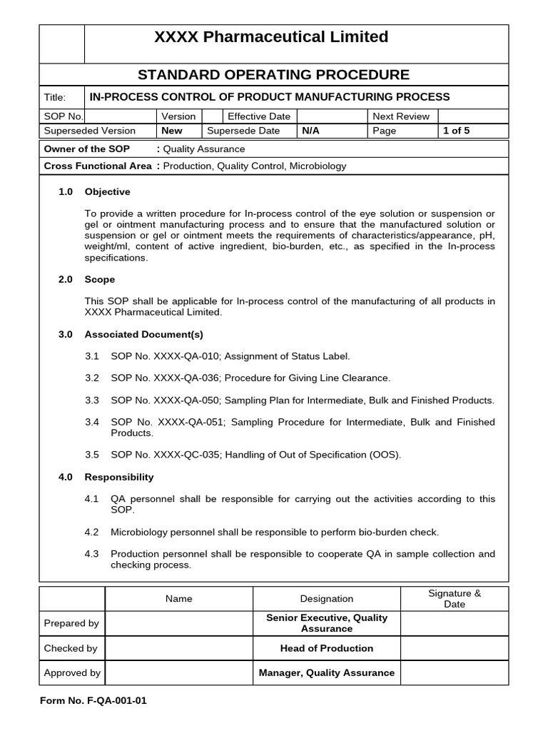 SOP For IPC of Manufacturing Pocess | PDF | Quality Assurance | Ph