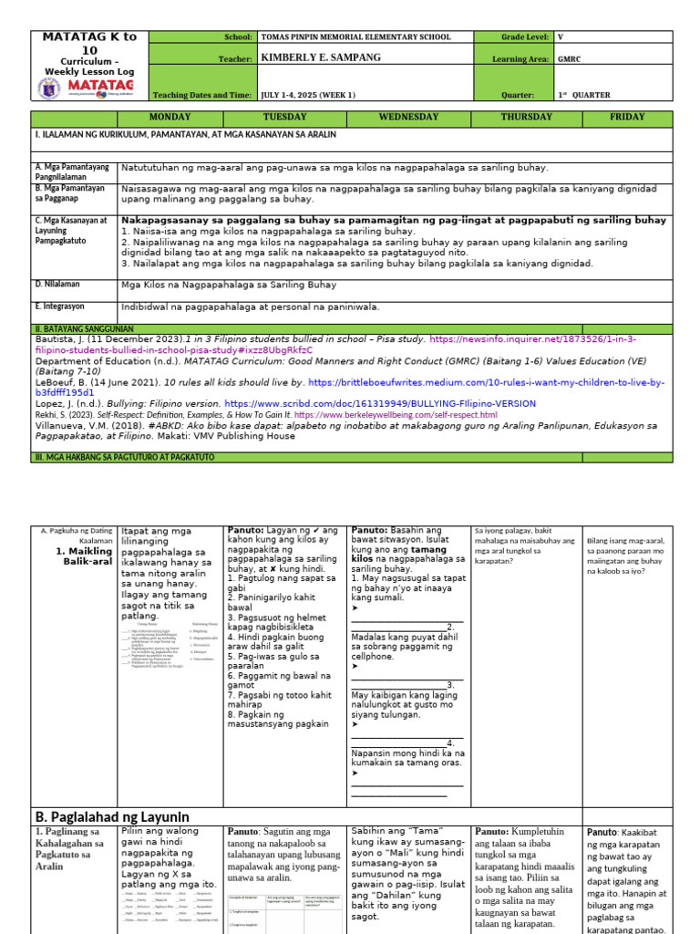 DLL - GMRC 5 - Q1 W1 | PDF