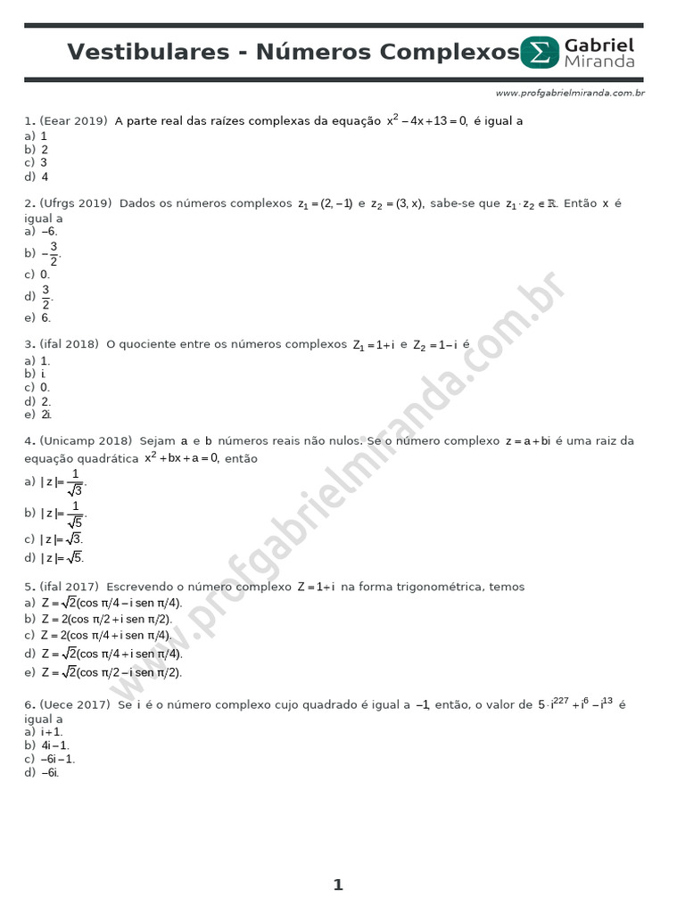 Questões de Números Complexos para Vestibulares | PDF | Número complexo ...
