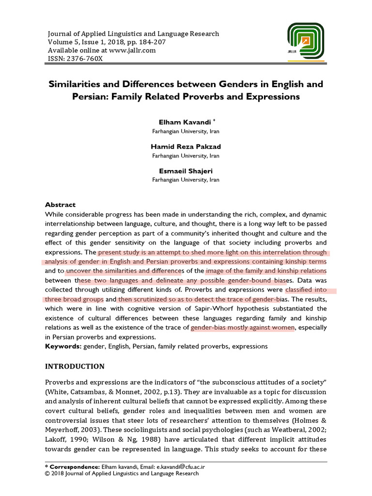 Gender Bias in English and Persian Proverbs | PDF | Gender | Gender Studies