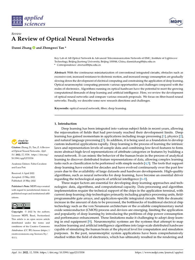 Review of Fiber-Based Optical Neural Networks | PDF | Deep Learning | Brain