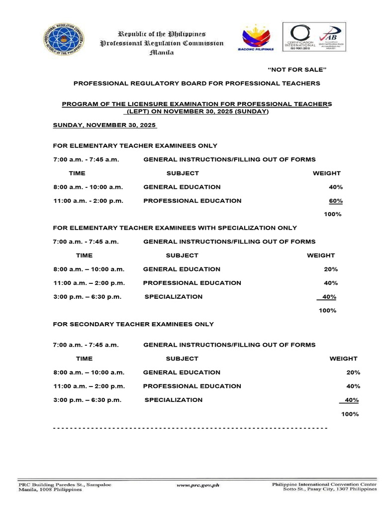 LEPT Exam Schedule and Instructions 2025 | PDF