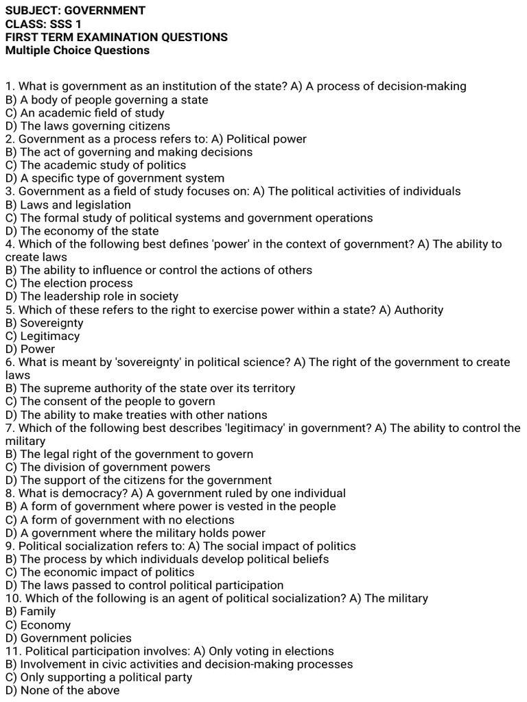 Government Exam Questions for SSS 1 | PDF | Government | Legislature