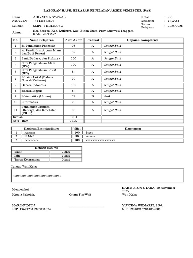 Rapor 1 (Pas) - Adiyatma Syawal | PDF