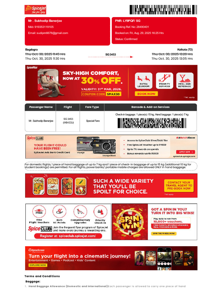 SpiceJet - E-Ticket - PNR - LY9PQF 30 Oct 2025 Bagdogra-Kolkata For MR ...