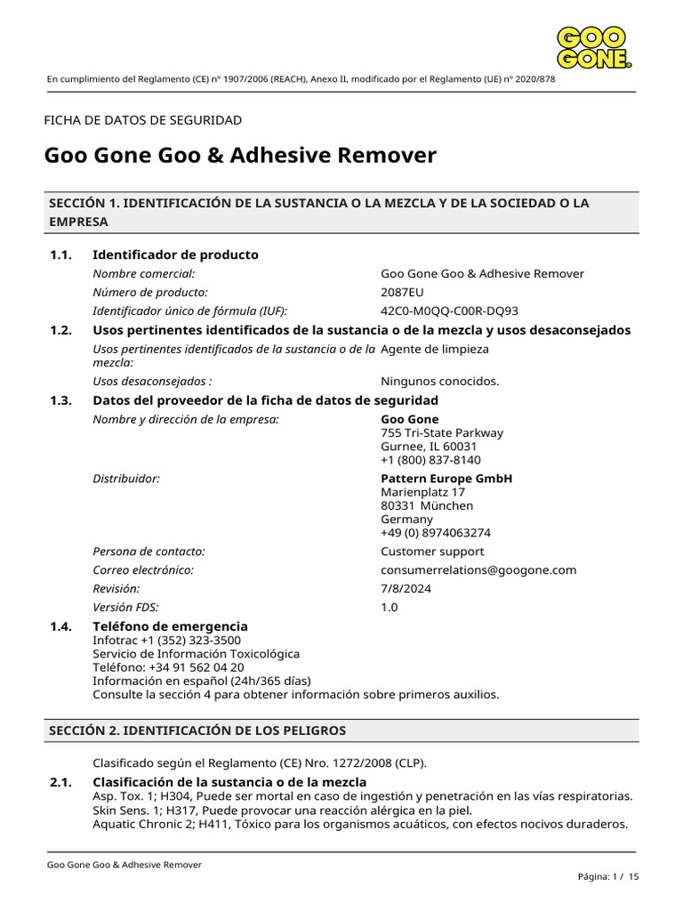 Goo Gone Goo & Adhesive Remover 2087EU ES Es 1.0 | PDF | Toxicidad | Agua