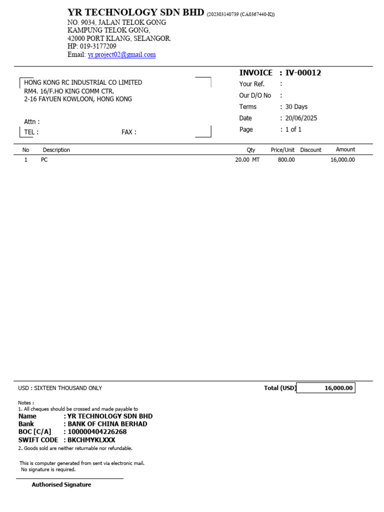 Invoice for YR Technology Sdn Bhd | PDF