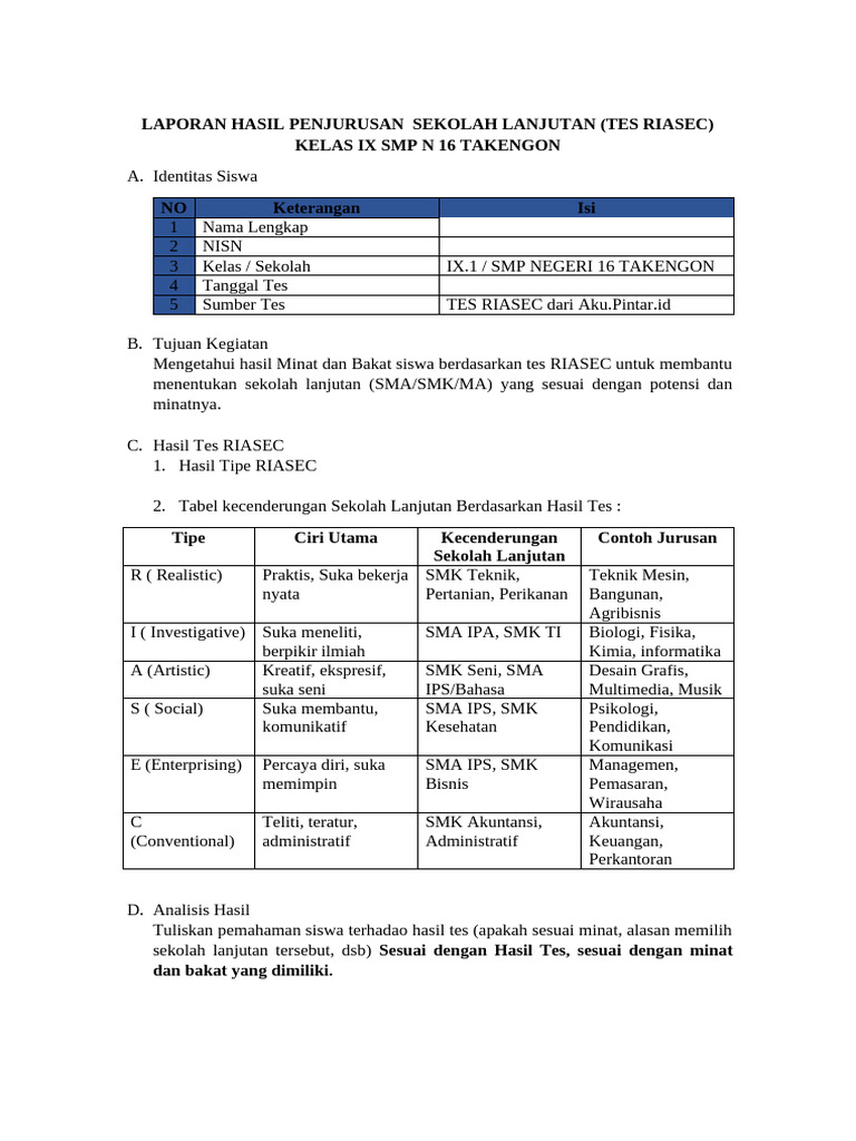 Hasil Tes RIASEC Siswa Kelas IX SMPN 16 | PDF