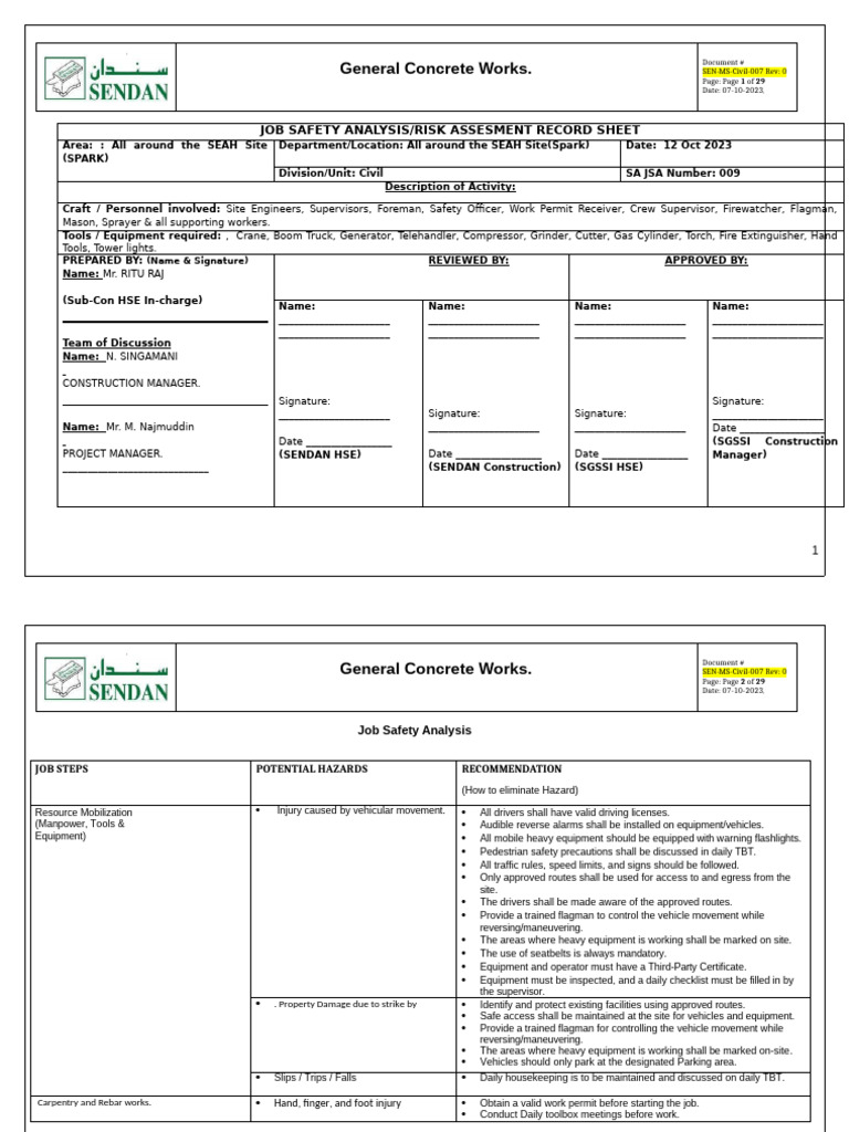 Job Safety Analysis for Concrete Works | PDF | Crane (Machine ...